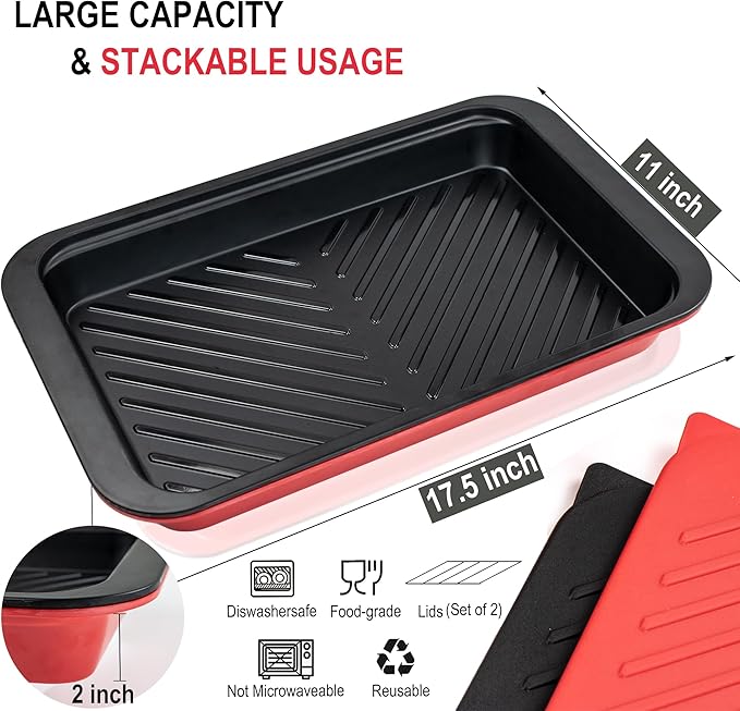 Czlizdyt Bamboo Grilling Prep and Serve Trays with lid | BBQ Tray for Marinating Raw and Cooked Food, Diswasher Safe Nesting Trays Black in Red