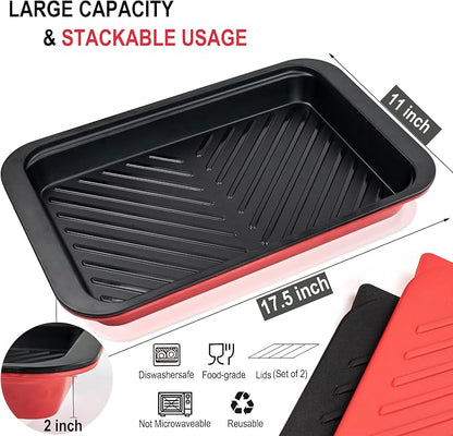 Czlizdyt Deep Grilling Prep and Serve Trays with lid, BBQ Tray for Marinating Raw and Cooked Food, Diswasher Safe Nesting Trays Black in Red