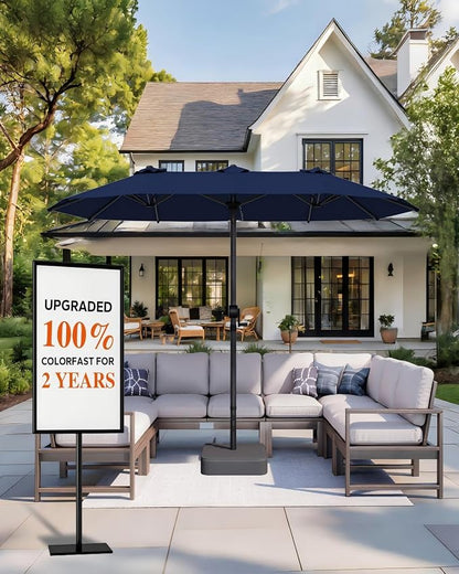 GDPFN 15ft Patio Umbrella with Base Include, Large Outdoor Double-Sided Rectangle Umbrella with Easy Crank Handle for Poolside, Garden & Deck - Navy Blue
