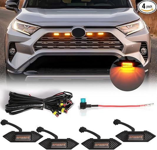 LED Grille Lights For Toyota RAV4 2019 2020 2021 2022 2023 Smoked Shell Amber Grill Light 4 Pcs, Plug and Play
