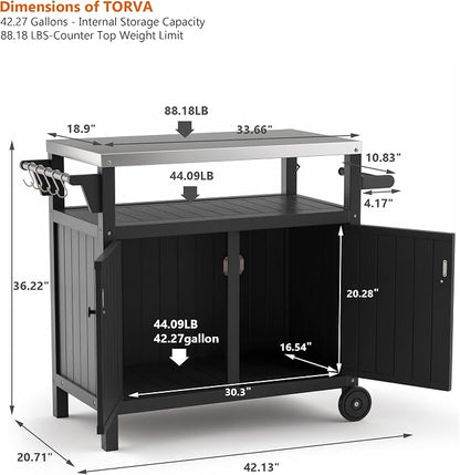 TORVA Portable Outdoor Grill Cart with Storage, Waterproof HDPE BBQ Prep Table for Patio & Backyard, 304 Stainless Steel Top, All-Weather Use, Camping Cart with Wheels, 42.12" L x 20.71" W, Black