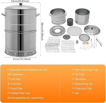 2-in-1 Vertical Smoker Barrel Grill, Portable Charcoal BBQ 360° Smokeless Stainless Steel BBQ Grill Barrel for Outdoor Barbecue, Camping, And Backyard Cooking (Large-50 Skewers)
