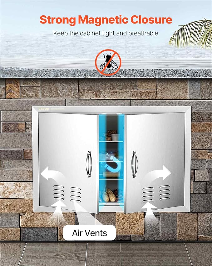 VEVOR BBQ Access Door, 30W x 21H Inch Double Outdoor Kitchen, Stainless Steel Flush Mount, Wall Vertical With Handles and Vents, for BBQ Island, Grilling Station, Outside Cabinet