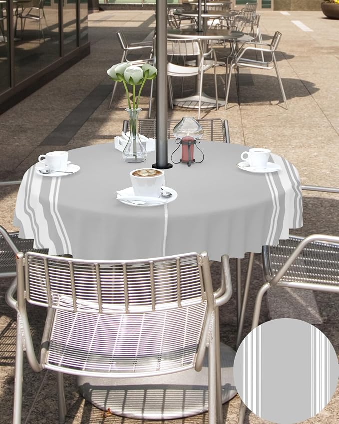 QueenKer Outdoor Tablecloth with Umbrella Hole, Farmhouse Gray White Stripe Round Tables Waterproof Tabletop Collection for Patio, Garden, Picnic, Camping, Dining 54R