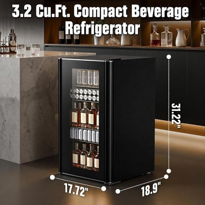 COWSAR 3.2 Cu. Ft. Beverage Refrigerator, Up to 130 Cans or 26 Bottles | Electronic controls with an LED display adjust cooling from 32–61°F, while the glass door keeps drinks easy to view.