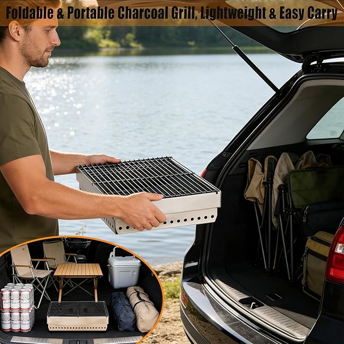 Portable Charcoal Grill, Small Tabletop BBQ, Foldable Mini Hibachi, Stainless Steel Camping Grill, Compact Outdoor Cooker for Picnic, Tailgating Chac Grl 002PBLK