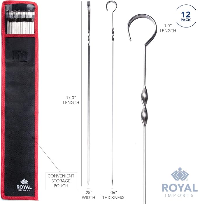 Royal Imports Metal Shish Kabob Skewers Sticks for BBQ Grilling, Roasting, Barbecue Stainless Steel, 17" long Re-usable - 12 Pcs