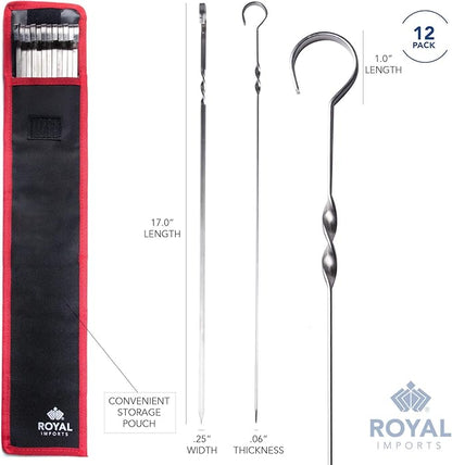 Royal Imports Metal Shish Kabob Skewers Sticks for BBQ Grilling, Roasting, Barbecue Stainless Steel, 17" long Re-usable - 12 Pcs