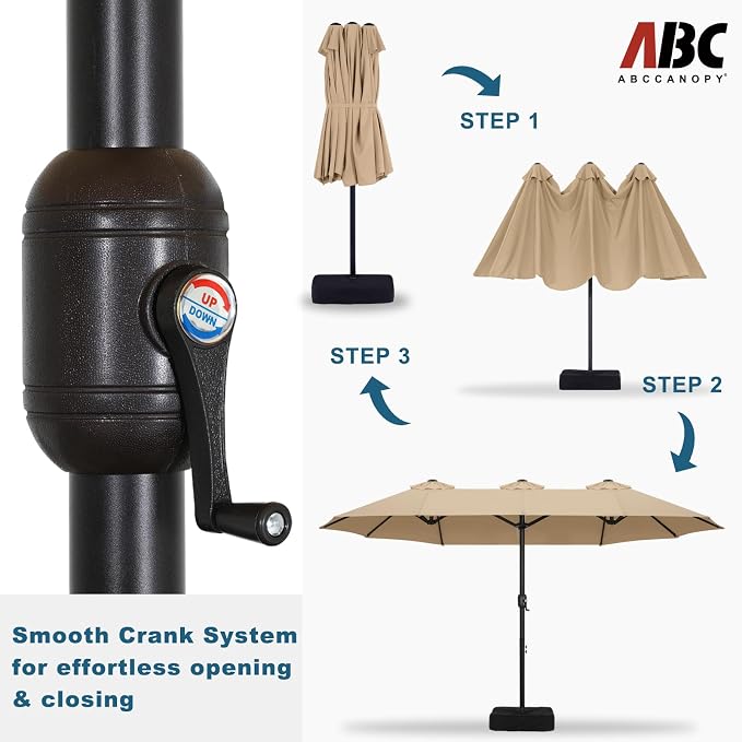 ABCCANOPY 15FT Double-Sided Rectangle Patio Umbrella with Base, Khaki | Rectangular Outdoor Table Umbrella with Crank, Heavy Duty Market Umbrella Shade for Garden,Poolside, Lawn, Backyard