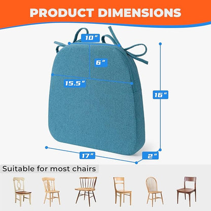 Sunsleek Chair Cushions for Dining Chairs, D-Shaped Seat Cushions with Removable Washable Cover and Ties, Chair Pads for Kitchen, Indoor Dining Room, Patio Chairs, 17'' x 16'', Set of 2, Blue