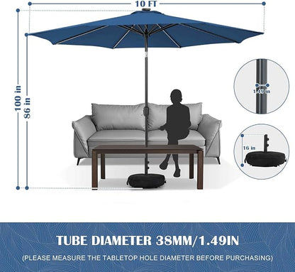 Sundale Outdoor 88 LED 10 FT Solar Patio Umbrella with Base, Navy | Sand Bag Umbrella Base, Tilt, Crank, Solar Lights