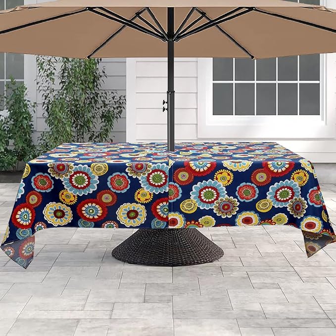 60"x84" Rectangle Tablecloth with Umbrella Hole and Zipper, Washable Waterproof Wrinkle Free Zippered Patio Table Cloths Table Covers for Spring, Party, Backyard, Picnic, BBQS (Floral Navy)