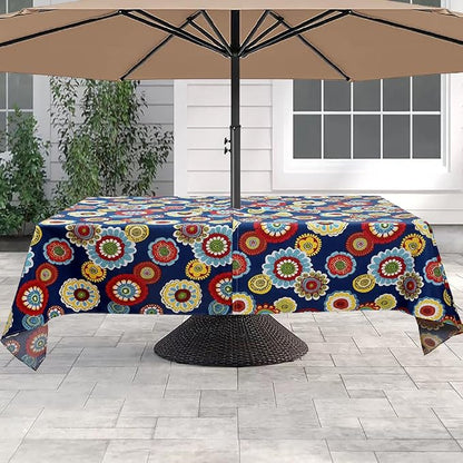 60"x84" Rectangle Tablecloth with Umbrella Hole and Zipper, Washable Waterproof Wrinkle Free Zippered Patio Table Cloths Table Covers for Spring, Party, Backyard, Picnic, BBQS (Floral Navy)