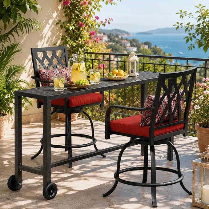 DWVO Metal Outdoor Bar Stools Set of 6, Heavy-Duty Bar Height Outdoor Chairs 352 Lbs Capacity, All-Weather E-Coated Swivel Barstools with Red Cushion & Pillow for Patio Deck Balcony