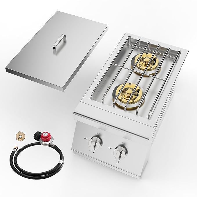 Stainless Steel Outdoor Stove – 2 x 15,000 BTU Side Burner for Outdoor Kitchen,Comes with Propane Stove Lid,convertible to Natural Gas.Portable Cooktop with Built-in Double Burners for BBQ Island.