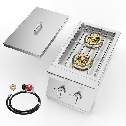 Stainless Steel Outdoor Stove – 2 x 15,000 BTU Side Burner for Outdoor Kitchen,Comes with Propane Stove Lid,convertible to Natural Gas.Portable Cooktop with Built-in Double Burners for BBQ Island.