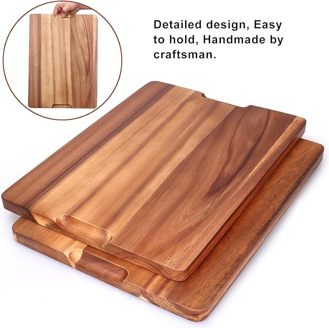 Acacia Wood Cutting Boards for Kitchen, Wooden Chopping Board with Side Handle and Juice Groove, 15" X 11" Carving Board, Butcher Block, Cheese Charcuterie Boards for Meat, Fruit, Steak