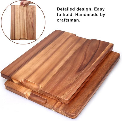 Acacia Wood Cutting Boards for Kitchen, Wooden Chopping Board with Side Handle and Juice Groove, 15" X 11" Carving Board, Butcher Block, Cheese Charcuterie Boards for Meat, Fruit, Steak