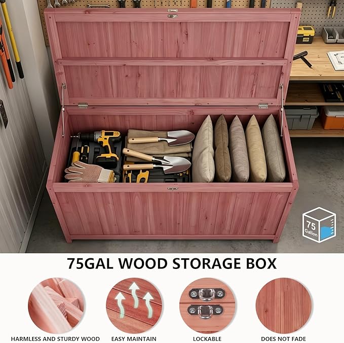 75 Gallon Wood Deck Box,Outdoor Storage Bench Container for Patio Furniture Cushions, Pillows, Garden Tools,Pool Accessories (Wood)