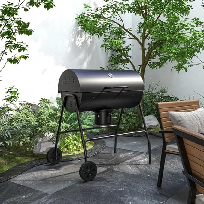 Barrel Charcoal BBQ Grill with 420 Sq.In Cooking Area, Warming Rack, Wheels, Thermometer & Ash Catcher, Black