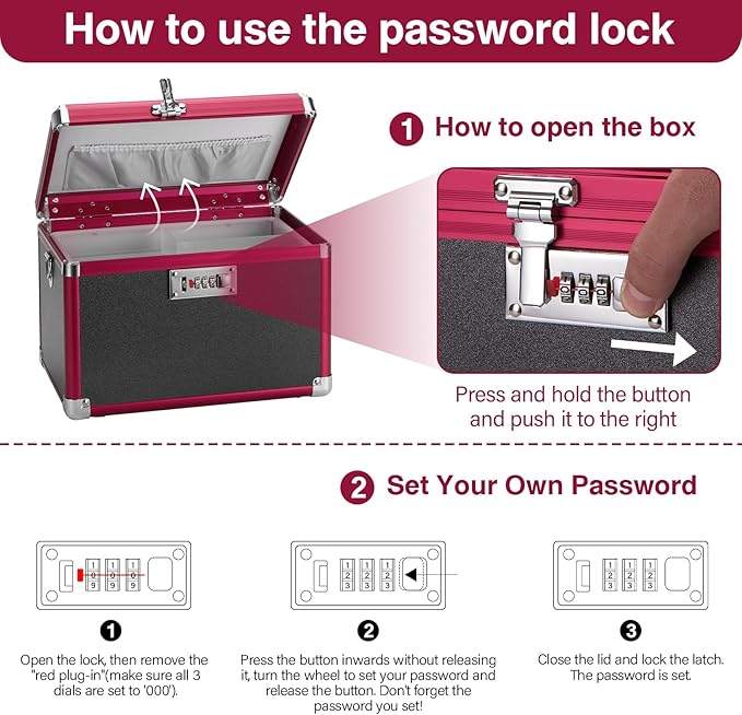 Medicine Lock Box with Combination Lock - 11.2 x 7.6 x 7.6 Inches - First Aid Safe Medication Storage Box, Medications and Personal Items, Safe Boxes for Home and Outdoor - Black Red