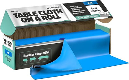 Tablecloth Roll – 54" X 110' Blue Premium Plastic Table Cloths with Cutter Box - Cut to Size - Decorative Rectangle Table Cover Smooth Tablecloth - Disposable Table Cloths for Parties, Weddings.