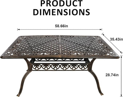 58.66" Bronze Aluminum Hollow Pattern Outdoor Dining Table, Fits 8, With Umbrella Hole