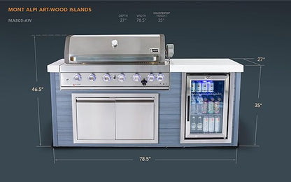 Mont Alpi Artwood Series - 78"W x 47"H x 27"D All Weather HDPE Outdoor Kitchen Island with Refrigerator & Double Access Doors + 44"W Stainless Steel 6-Burner Built-in BBQ Gas Grill with Rotisserie Kit