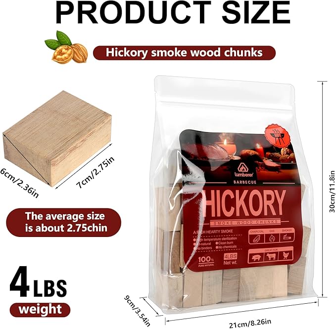 Lumberer Hickory Wood Smoking Chunks – Bold Smoky Flavor for Beef & Game – 100% Natural, Long-Lasting Burn – 4LBS, High-Temp Sterilized