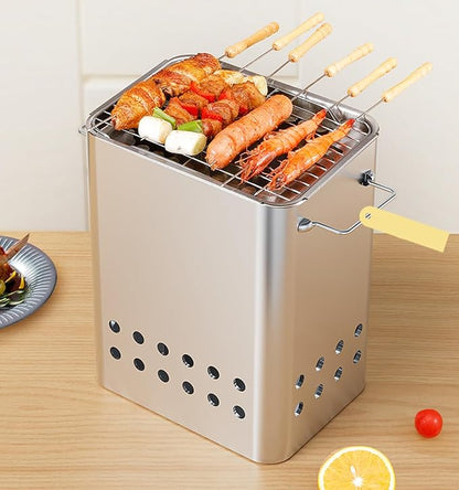Charcoal Barrel BBQ Grill Stainless Steel BBQ Hanging Stove Camping Barbecue Rack with 26 Skewers Gloves Tongs Grilling Net for Vegetables
