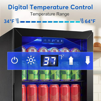 FoMup Beverage Refrigerator 150 Can with Glass Door – Mini Drink Cooler with Reversible Door, Safety Lock & Temperature Control, Small Fridge for Beer Soda Wine, Compact for Dorm Office Hotel