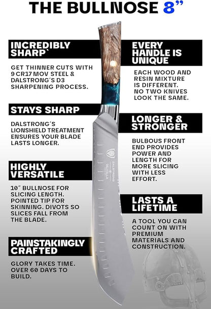 Dalstrong Bull-Nose Butcher Knife - 10 inch - Valhalla Series - 9CR18MOV HC Steel Kitchen Knife - Celestial Resin & Wood Handle - Razor Sharp BBQ Meat Knife Gift - Breaking Knife - Leather Sheath