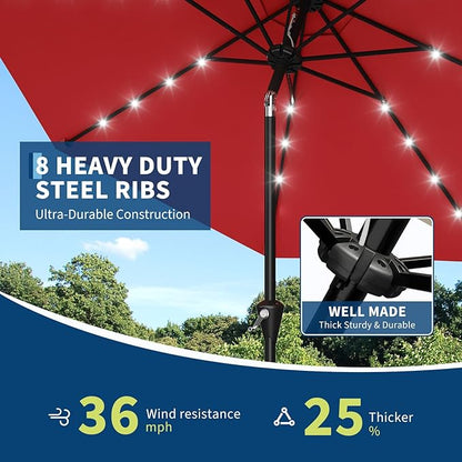 Garvee 9FT Solar Patio Umbrella with 32 LED Lights - Outdoor Table Umbrella with Crank Lift, Push Button Tilt and 8 Sturdy Ribs - Market Umbrella UV Protection for Pool, Deck, Yard, Garden -Red