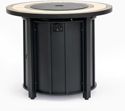 30'' Ceramic Round Propane Fire Pit Table, 50,000 BTU Steel Gas FirePit for Outdoor, Fire Table with Lid, Add Warmth & Ambience to Gatherings and Parties On Patio Deck Garden Backyard, Black.