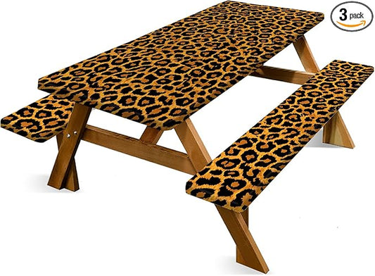 Leopard Print Picnic Table Cover with Bench Covers Set, Waterproof Elastic Fitted Tablecloth for Outdoor Picnic Tables, Durable Vinyl Animal Print Table Cover for Camping, BBQs, and Patio Parties