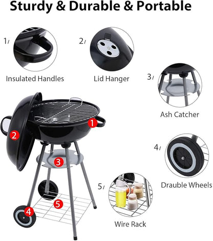 Charcoal Grill 18 inch Barbecue Grill with Waterproof Grill Cover for Outdoor Courtyard Picnic Camping Tailgating BBQ Kettle