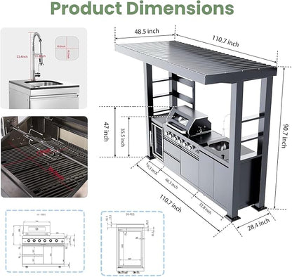 110" Outdoor Kitchen Island with 4-Burner 72000 BTU,Heavy-Duty Propane Grill with Side Burner,Rotisserie Oven,Galvanized Steel Roof,Granite Countertops,Refrigerator,Storage Cabinets,Sink(Propane Gas)