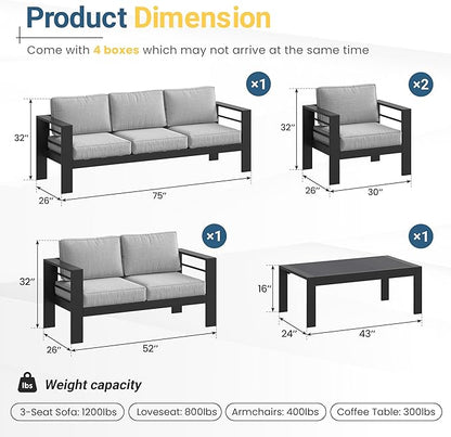 Solaste Aluminum Outdoor Patio Furniture Set, 7 Seats Patio Sectional Sofa with 5" Thick Cushion, Outdoor Patio Set with Coffee Table for Porch, Backyard, Deck, Yard, Light Grey