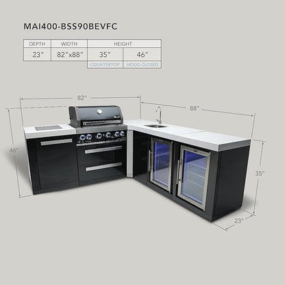 Mont Alpi Premium 82"W x 88"D Black Stainless Steel Modular L-shaped Outdoor Kitchen Island with 2 Refrigerators + Beverage Center Faucet & Sink + 32"W 4-Burner BBQ Grill + Storage Cabinets & Drawers