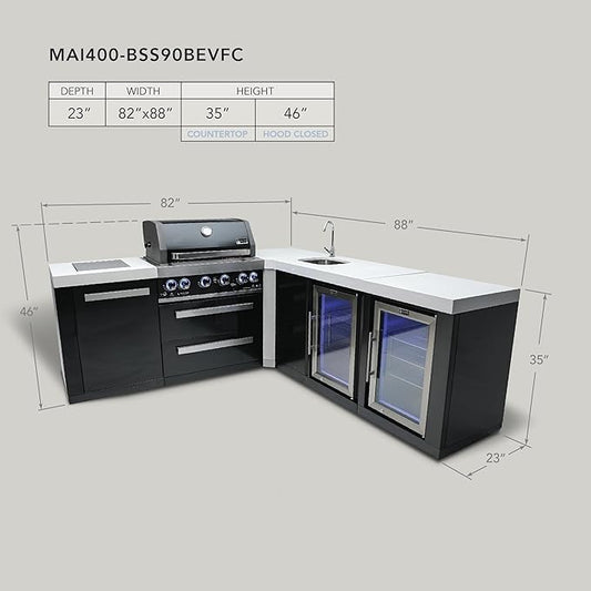 Mont Alpi Premium 82"W x 88"D Black Stainless Steel Modular L-shaped Outdoor Kitchen Island with 2 Refrigerators + Beverage Center Faucet & Sink + 32"W 4-Burner BBQ Grill + Storage Cabinets & Drawers