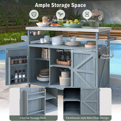 50.25" Outdoor Grill Table with Storage & Locking Wheels | Outdoor grill table,outdoor wood cabinet for grill,kitchen island with storage,steel top,spice rack,prep table for grilling