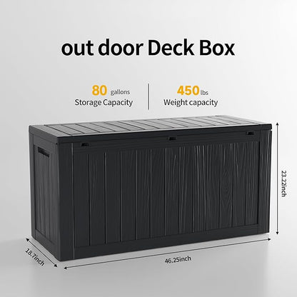 ROJIK Outdoor Storage Housing Deck Box - Waterproof Patio Furniture, Garden Tools, Cushions, Pool Accessories Storage Bench with Lockable Lid and Side Handles (Black 80 Gal)