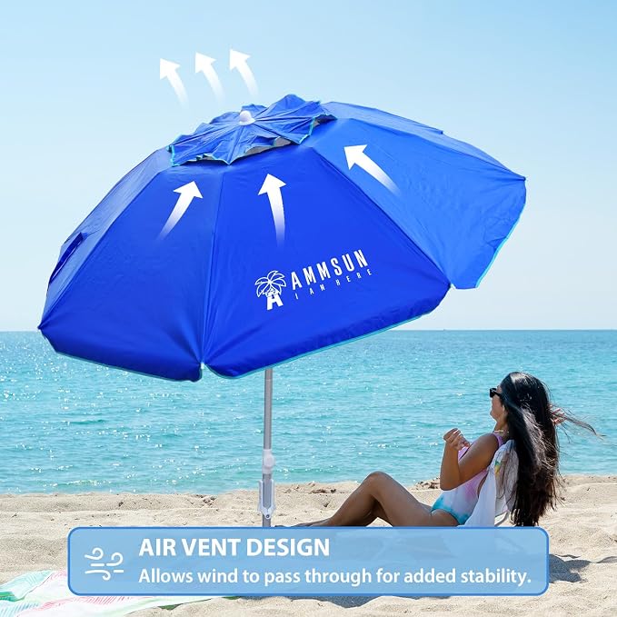 AMMSUN 6ft Folded Portable Travel Beach Umbrella with Sand Anchor Tilt Air vent UPF 50+UV Protection Fit In Suitcase Compact Foldable Telescopic umbrellas for Patio Garden Beach Pool Blue