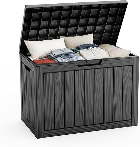 Pepe Tee Waterproof Resin Deck Box, Outdoor Storage Bin for Patio Furniture Cushions, All-Weather Garden Organizer & Seating Bench, Black