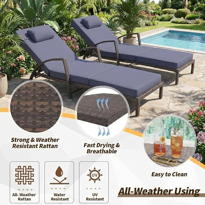 GarveeLife Outdoor Wicker Chaise Lounge Chair with Cushion, Metal Frame Patio Reclining Lounge Bed, All-Weather Rattan Sun Lounger for Poolside, Garden, Backyard & Balcony,Brown Wicker, Blue Cushion