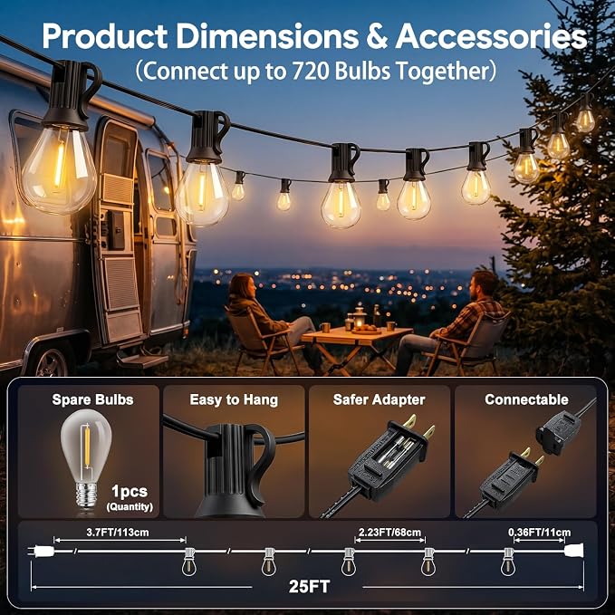 25FT Plug in Connectable Outdoor String Lights, Commercial Waterproof Shatterproof Edison Patio Lights, Dimmable Warm White Hanging Lighting for Backyard Porch Deck Balcony Garden Wedding Party Decor