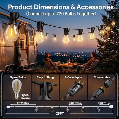 25FT Plug in Connectable Outdoor String Lights, Commercial Waterproof Shatterproof Edison Patio Lights, Dimmable Warm White Hanging Lighting for Backyard Porch Deck Balcony Garden Wedding Party Decor