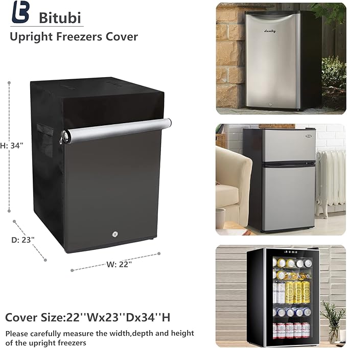 Bitubi Upright Freezers Cover,Outdoor Refrigerator Cover,– Waterproof, Dustproof, Sun-Proof, 22" W x 23" D x 34" H. Suitable for most 3.0 Cubic Compact Mini Freezer on market (Black)