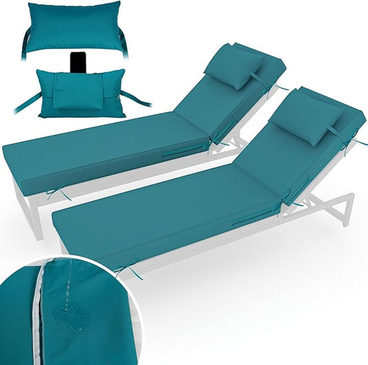 Chaise Lounge Cushions Outdoor Set of 2 Lounge Chair Cushion 80" L x 26" W with Headrest Straps 3'' Thick Waterproof Patio Chaise Cushions Pool Lounger Chair Cushion(Turquoise)