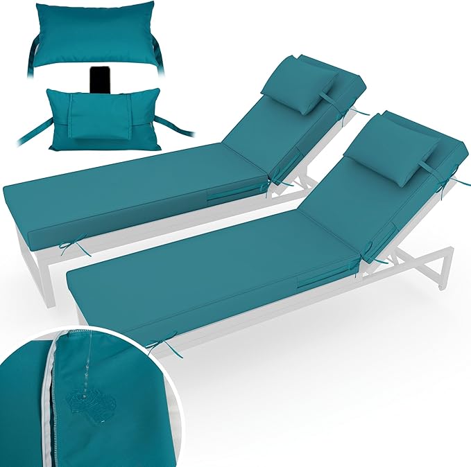 Chaise Lounge Cushions Outdoor Set of 2 Lounge Chair Cushion 72" L x 21" W with Headrest Straps 3'' Thick Waterproof Patio Chaise Cushions Pool Lounger Chair Cushion(Turquoise)